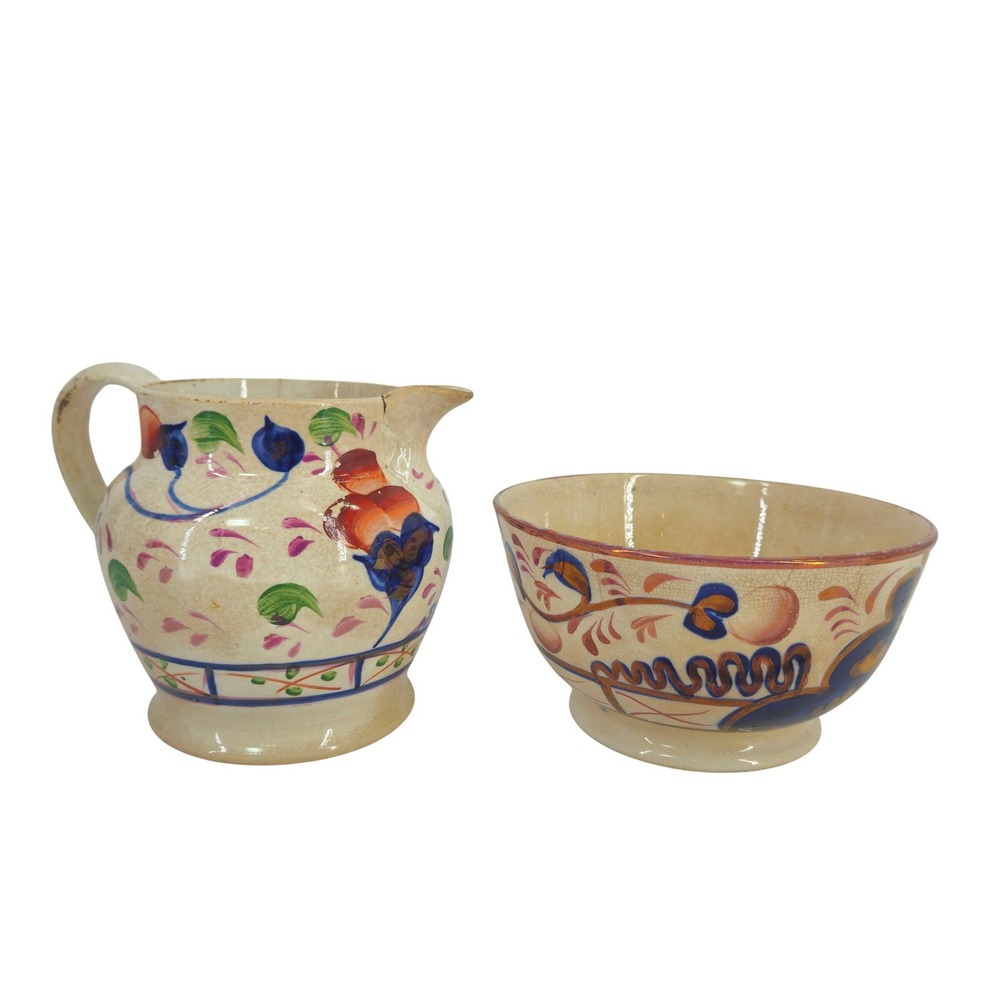 Antique Gaudy Welsh Creamer and‎ Sugar Bowl Set Hand Painted Floral Ironstone